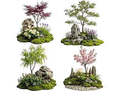 传统园林花境 2D中式庭院植物 庭院植物组团 花卉花镜 花草植物组合 花草花丛