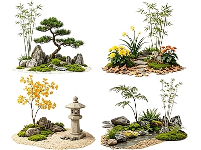 禅意花境 2D中式庭院植物 庭院植物组团 花卉花镜 花草植物组合 花草花丛