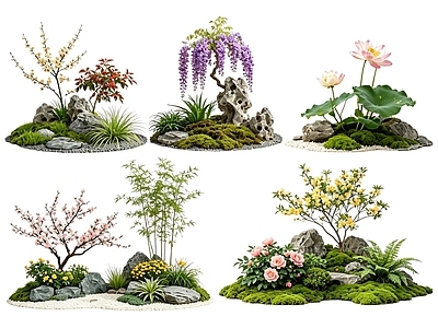 新中式景观花境 2D中式庭院植物 庭院植物组团 花卉花镜 花草植物组合 花草花丛