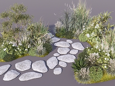 禅意汀步 汀步花境造景 庭院花园植物景观 灌木花草组合 植物群组组团 观赏草杂草堆