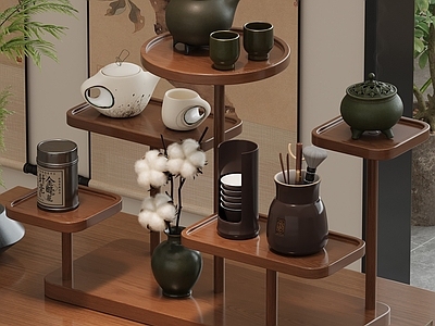 新中式博古架 茶具 茶壶 中式 摆件 茶桌