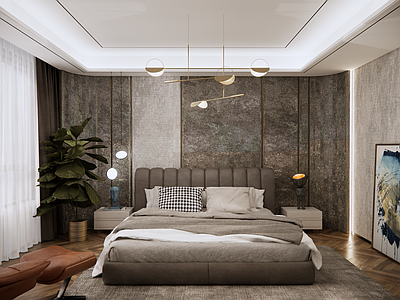 轻奢主卧 现代轻奢简约卧室 现代轻奢卧室吊灯 现代轻奢双人床 现代轻奢边椅躺椅 现代轻奢绿植挂画