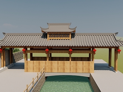中式古建古建筑 长廊 古建桥 廊桥 古建长廊