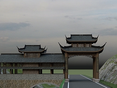 中式古建入口大门 廊桥 长廊古建 古桥 古建筑