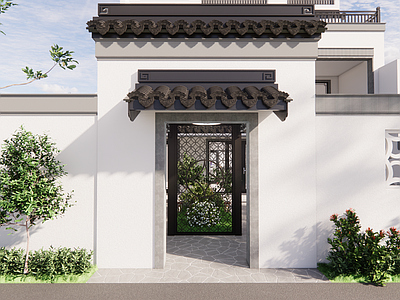 新中式别墅庭院 别墅庭院 中式凉亭 屋檐 隔断 洗衣房