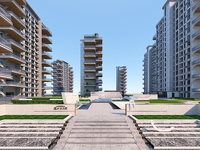 现代主义小高层住宅楼 小区入口景观