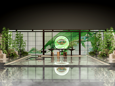 新中式酒展厅 品茶区 屏风只 藤编椅子 会客区 展厅
