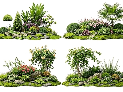传统园林花境 2D花境植物组团 花卉花镜 花草镜植物组合 花草花丛 地被花灌木球