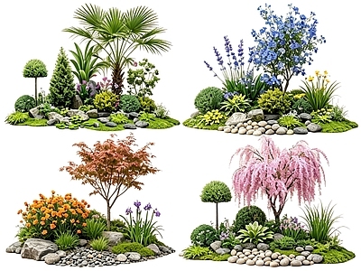 传统园林花境 2D花境植物组团 花卉花镜 花草镜植物组合 花草花丛 地被花灌木球