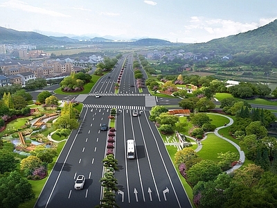 新中式景观道路 现代道路景观 市政公路 十字路口