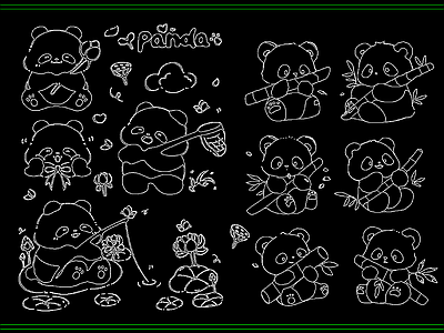 动物 现代卡通简笔动物 熊猫玩具玩偶 壁画彩绘施工图