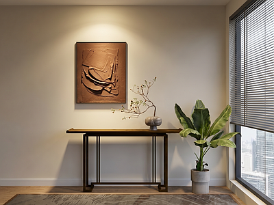 极简玄关 新中式端景条案 玄关柜 端景柜端景台 饰品摆件 挂画花瓶干花