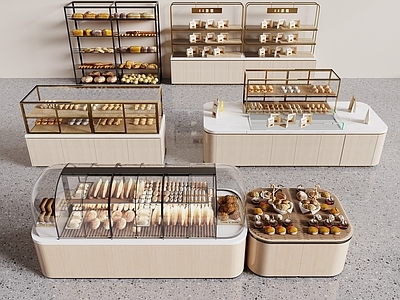 现代简约食品展台 甜品面包店 面包货架 蛋糕展示柜 面包展台