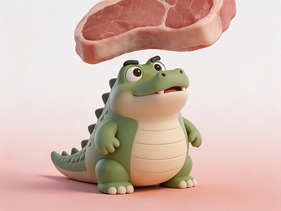 雕塑摆件 Q版鳄鱼仰视肉排 鳄鱼和牛排 牛排 盲盒潮玩 卡通拟人鳄鱼