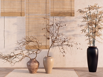 侘寂摆件组合 室内枯枝造型盆景 禅意盆栽盆景 侘寂绿植软装 陶罐陶土花盆 落地盆栽