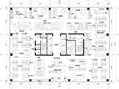 整体办公空间 办公平面方案图纸 咖啡吧 经理室 休闲沙发区 会议室