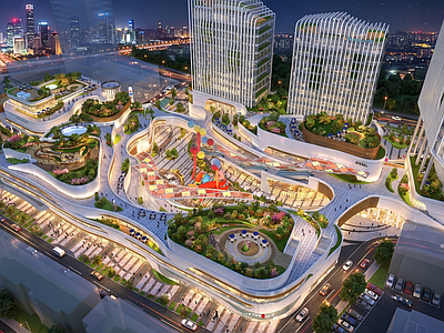 未来主义商业综合体景观 流线型商业综合体 高层办公楼写字楼 现代商业步行街