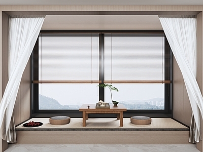 日式茶室 现代茶台 榻榻米茶室 藤编蒲团 百叶帘 茶桌椅