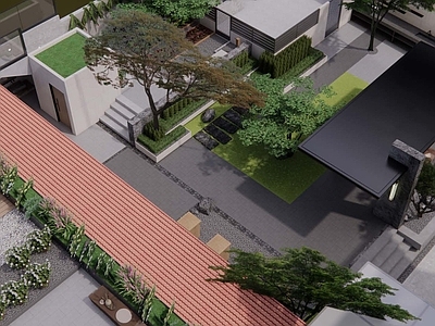 新中式景观别墅庭院 自建房庭院 庭院景观 户外茶室 养鱼池 禅意庭院