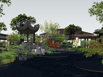 传统园林别墅庭院 新中式小区景观 示范区庭院中庭 中式庭院景观