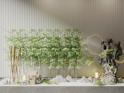 新中式室内景观 新中式中式景观 园林景观造景 竹子 庭院景观 景观石