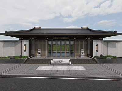 新中式售楼处建筑 中式仿古入口门楼 唐风展示区门头 中式入口流水水景