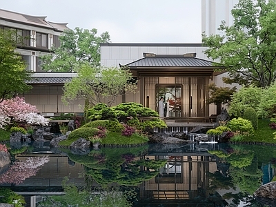 新中式景观别墅庭院 中式展示区庭院 新中式示范区庭院 新中式唐风亭廊 中式水院枯山水