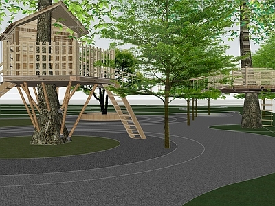 原木风其他景观小建筑 树屋景观 吊脚建筑 木结构 儿童木屋吊桥 高差观景平台