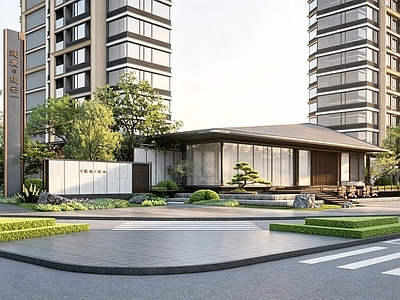 新中式景观售楼处建筑 新中式展示区前场 中式对景景墙水景 中式精神堡垒