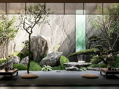 禅意庭院小品 中式下沉庭院景观 中式枯山水庭院 新中式流水景墙