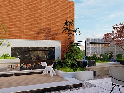 现代简约别墅庭院 现代屋顶花园 现代庭院水景 现代景墙 户外桌椅