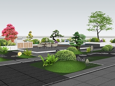 新中式景观别墅庭院 现代屋顶花园 现代庭院 户外操作台 现代水景 户外软装