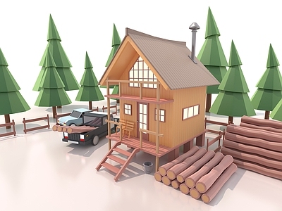 原木风木屋 卡通 建筑 房子 林中木屋