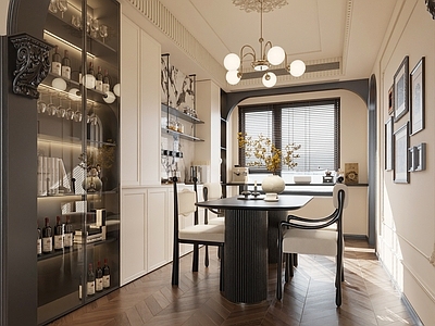 奶油风家居餐厅 法式中古餐厅 法式餐桌椅 法式酒柜