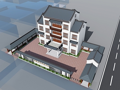 中式古建社区服务中心 中式建筑 村公所 办公楼 多层中式古建筑