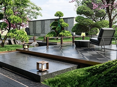 新中式景观别墅庭院 中式宅间活动空间 新中式水景庭院 新中式流水景墙