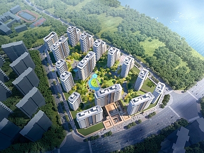 现代主义小高层住宅楼 国际化大社区 多元化复合型社区 鸟瞰规划 多层住宅 销售中心