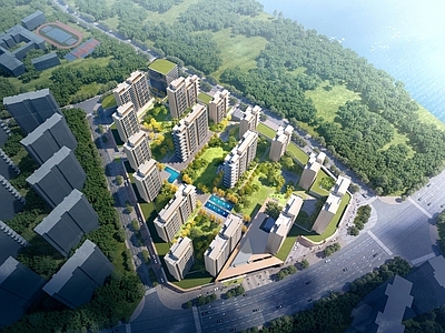 现代主义小高层住宅楼 国际化大社区 多层住宅 鸟瞰规划 现代风格 多元化复合型社区