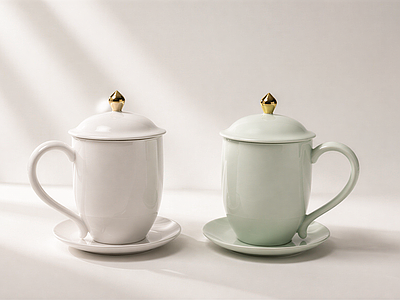 中式茶具 新中式纯色陶瓷杯 浅青双色带金珠 办公会议茶杯 骨瓷茶具会务水杯 办公室软装摆件