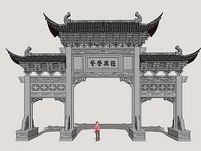 中式古建古建筑 石门 乡村牌坊 石门牌坊 乡村标识 石牌楼