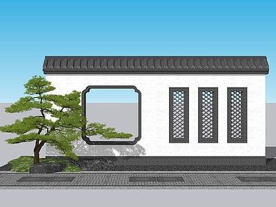 新中式景观景墙 中式景墙 造型景墙 造型景墙景墙 罗汉松 漏窗