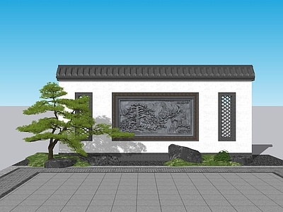 新中式景观景墙 中式景墙 浮雕景墙 迎客松 中式浮雕墙 景墙