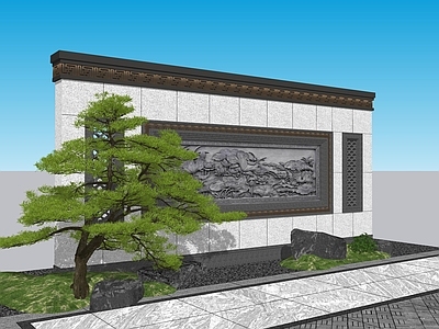新中式景观景墙 浮雕景墙 中式景墙景墙 造型罗汉松 造型景墙 新中式景墙