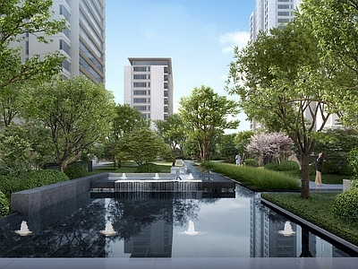 现代主义小区景观 住宅景观 住宅水景景观 住宅跌水景观