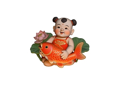 中式雕塑摆件 非遗 彩泥 连年有余 摆件 雕塑