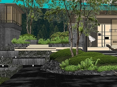 新中式别墅庭院 新中式中心水院 下沉庭院亲水空间 禅意景观茶亭 飞瀑跌水景观 台阶