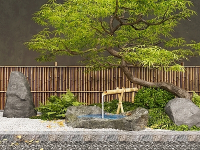 日式别墅庭院 现代日式庭院花园 别墅庭院花园 日式枯山庭院 水钵假山石头 红枫
