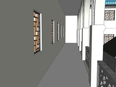 中式四合院 古建走廊 窗花栏杆