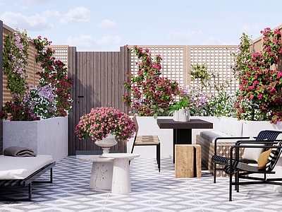 现代屋顶花园 休闲屋顶露台庭院 庭院绿植景观 花镜花卉 户外沙发桌椅 绿篱灌木墙