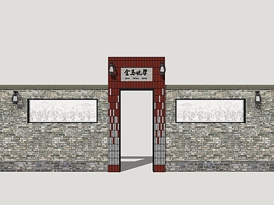 新中式学校建筑 小学大门 怀旧学校门 景墙大门